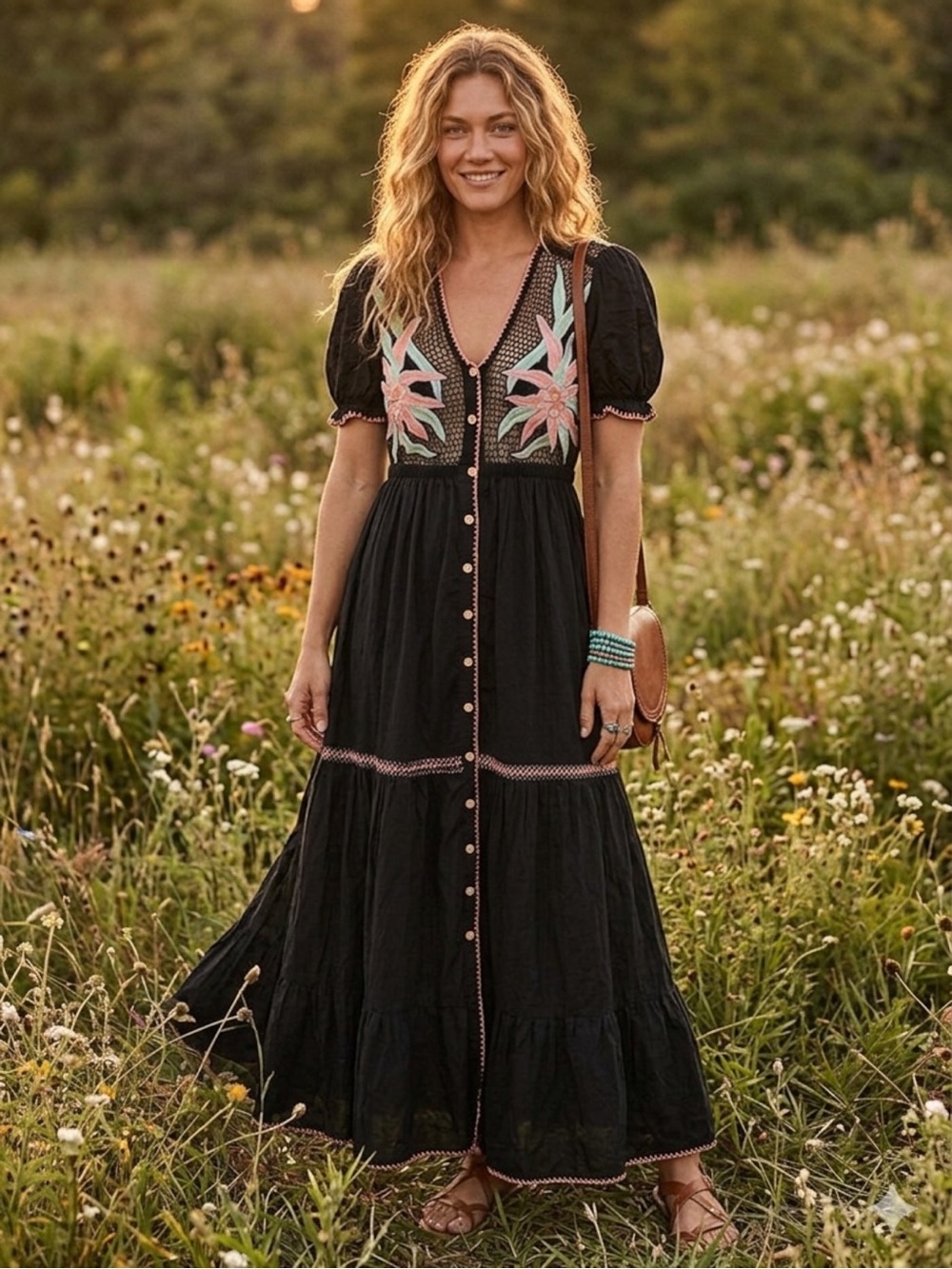 Chasing Unicorns Because the Night Embroidered Black Cotton Maxi Dress Size XS